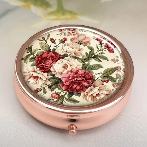 Vintage Floral Rose Gold Pill Box - Compact Travel Organizer - Picture 2 of 8